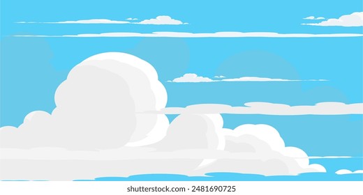 Sky with Clouds illustration in flat style. Sky and clouds background. Cloudy vector cartoon illustration in blue color. Nature abstract wallpaper.