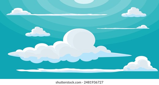 Sky with Clouds illustration in flat style. Sky and clouds background. Cloudy vector cartoon illustration in blue color. Nature abstract wallpaper.