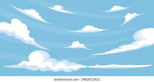 Cielo con Nubes ilustración en estilo plano. Cielo y nubes de fondo. Ilustración de dibujos animados de Vector nublado en color azul. Fondo de pantalla abstracto de Naturaleza.