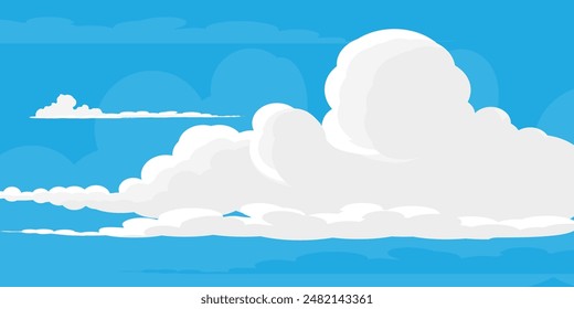 Sky with Clouds illustration in flat style. Sky and clouds background. Cloudy vector cartoon illustration in blue color. Nature abstract wallpaper.
