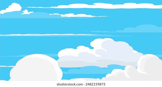Sky with Clouds illustration in flat style. Sky and clouds background. Cloudy vector cartoon illustration in blue color. Nature abstract wallpaper.