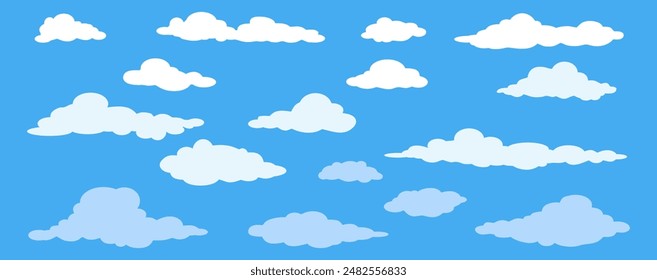 Sky with Clouds illustration in flat style. Sky and clouds background. Cloudy vector cartoon illustration in blue color. Nature abstract wallpaper.