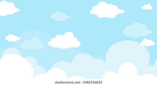 Cielo con Nubes ilustración en estilo plano. Cielo y nubes de fondo. Ilustración de dibujos animados de Vector nublado en color azul. Fondo de pantalla abstracto de Naturaleza.