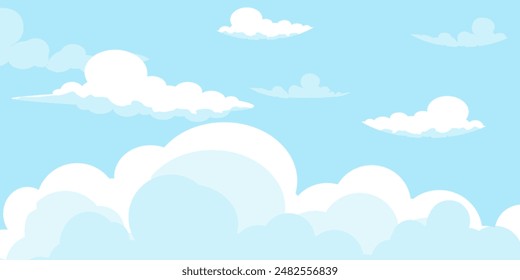 Sky with Clouds illustration in flat style. Sky and clouds background. Cloudy vector cartoon illustration in blue color. Nature abstract wallpaper.