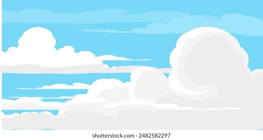 Sky with Clouds illustration in flat style. Sky and clouds background. Cloudy vector cartoon illustration in blue color. Nature abstract wallpaper.