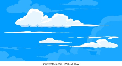 Sky with Clouds illustration in flat style. Sky and clouds background. Cloudy vector cartoon illustration in blue color. Nature abstract wallpaper.