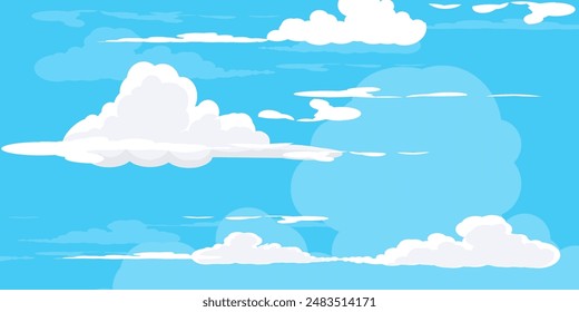 Cielo con Nubes ilustración en estilo plano. Cielo y nubes de fondo. Ilustración de dibujos animados de Vector nublado en color azul. Fondo de pantalla abstracto de Naturaleza.