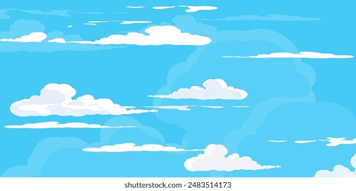 Sky with Clouds illustration in flat style. Sky and clouds background. Cloudy vector cartoon illustration in blue color. Nature abstract wallpaper.