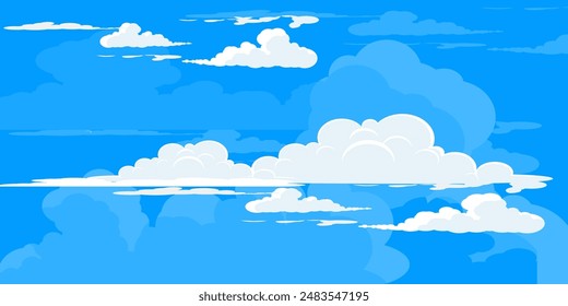 Sky with Clouds illustration in flat style. Sky and clouds background. Cloudy vector cartoon illustration in blue color. Nature abstract wallpaper.