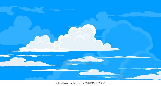 Sky with Clouds illustration in flat style. Sky and clouds background. Cloudy vector cartoon illustration in blue color. Nature abstract wallpaper.
