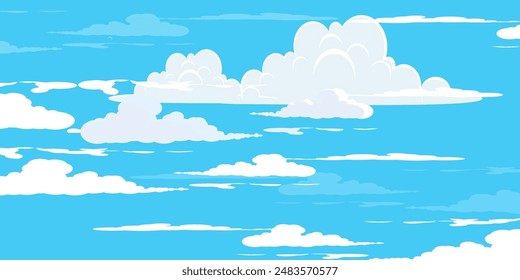 Himmel mit Wolken Illustration im flachen Stil. Himmel und Wolken Hintergrund. Trübe Vektorgrafik Cartoon Illustration in Blau. Natur abstrakte Tapete.