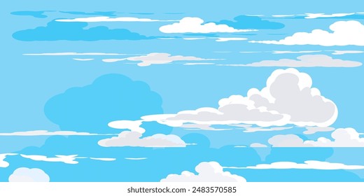 Himmel mit Wolken Illustration im flachen Stil. Himmel und Wolken Hintergrund. Trübe Vektorgrafik Cartoon Illustration in Blau. Natur abstrakte Tapete.