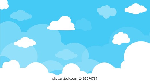 Sky with Clouds illustration in flat style. Sky and clouds background. Cloudy vector cartoon illustration in blue color. Nature abstract wallpaper.