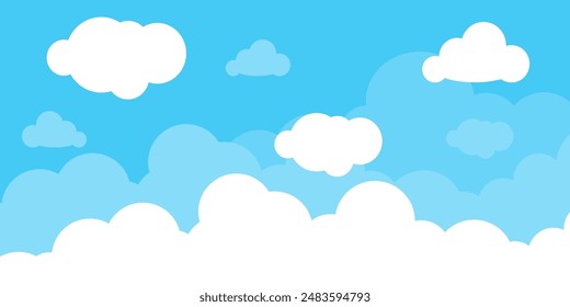 Sky with Clouds illustration in flat style. Sky and clouds background. Cloudy vector cartoon illustration in blue color. Nature abstract wallpaper.