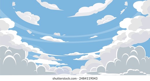 Sky with Clouds illustration in flat style. Sky and clouds background. Cloudy vector cartoon illustration in blue color. Nature abstract wallpaper.