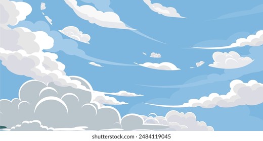 Cielo con Nubes ilustración en estilo plano. Cielo y nubes de fondo. Ilustración de dibujos animados de Vector nublado en color azul. Fondo de pantalla abstracto de Naturaleza.