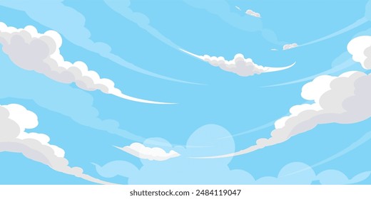 Sky with Clouds illustration in flat style. Sky and clouds background. Cloudy vector cartoon illustration in blue color. Nature abstract wallpaper.