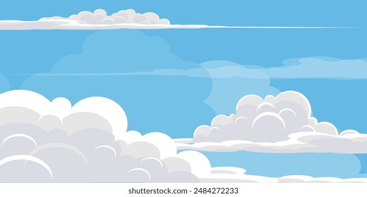 Sky with Clouds illustration in flat style. Sky and clouds background. Cloudy vector cartoon illustration in blue color. Nature abstract wallpaper.