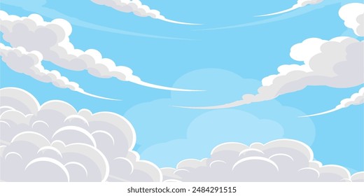 Cielo con Nubes ilustración en estilo plano. Cielo y nubes de fondo. Ilustración de dibujos animados de Vector nublado en color azul. Fondo de pantalla abstracto de Naturaleza.