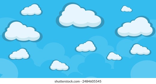Sky with Clouds illustration in flat style. Sky and clouds background. Cloudy vector cartoon illustration in blue color. Nature abstract wallpaper.