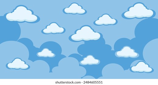 Sky with Clouds illustration in flat style. Sky and clouds background. Cloudy vector cartoon illustration in blue color. Nature abstract wallpaper.