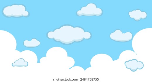 Sky with Clouds illustration in flat style. Sky and clouds background. Cloudy vector cartoon illustration in blue color. Nature abstract wallpaper.
