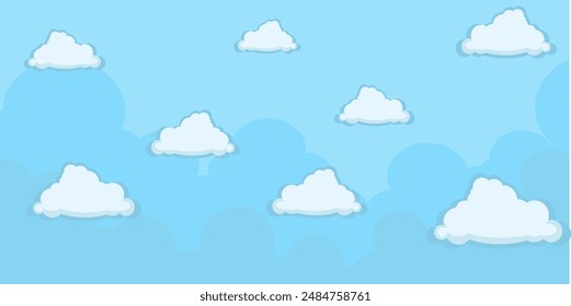 Sky with Clouds illustration in flat style. Sky and clouds background. Cloudy vector cartoon illustration in blue color. Nature abstract wallpaper.