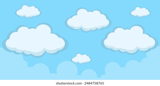 Sky with Clouds illustration in flat style. Sky and clouds background. Cloudy vector cartoon illustration in blue color. Nature abstract wallpaper.