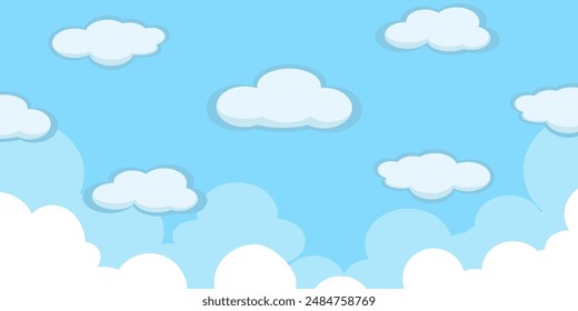Sky with Clouds illustration in flat style. Sky and clouds background. Cloudy vector cartoon illustration in blue color. Nature abstract wallpaper.