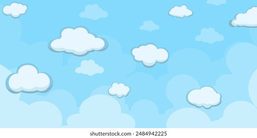 Sky with Clouds illustration in flat style. Sky and clouds background. Cloudy vector cartoon illustration in blue color. Nature abstract wallpaper.