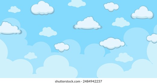 Sky with Clouds illustration in flat style. Sky and clouds background. Cloudy vector cartoon illustration in blue color. Nature abstract wallpaper.
