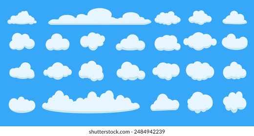Sky with Clouds illustration in flat style. Sky and clouds background. Cloudy vector cartoon illustration in blue color. Nature abstract wallpaper.