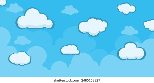 Sky with Clouds illustration in flat style. Sky and clouds background. Cloudy vector cartoon illustration in blue color. Nature abstract wallpaper.