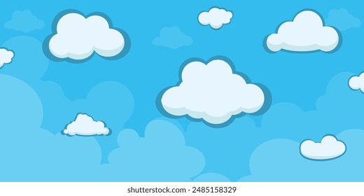 Himmel mit Wolken Illustration im flachen Stil. Himmel und Wolken Hintergrund. Trübe Vektorgrafik Cartoon Illustration in Blau. Natur abstrakte Tapete.