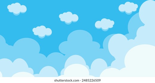 Sky with Clouds illustration in flat style. Sky and clouds background. Cloudy vector cartoon illustration in blue color. Nature abstract wallpaper.