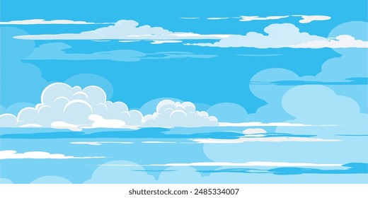 Sky with Clouds illustration in flat style. Sky and clouds background. Cloudy vector cartoon illustration in blue color. Nature abstract wallpaper.