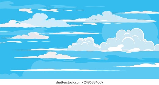 Sky with Clouds illustration in flat style. Sky and clouds background. Cloudy vector cartoon illustration in blue color. Nature abstract wallpaper.