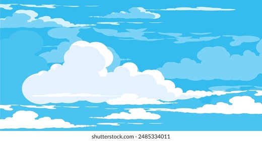 Cielo con Nubes ilustración en estilo plano. Cielo y nubes de fondo. Ilustración de dibujos animados de Vector nublado en color azul. Fondo de pantalla abstracto de Naturaleza.