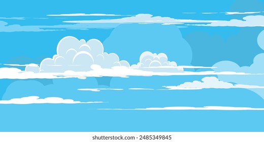 Sky with Clouds illustration in flat style. Sky and clouds background. Cloudy vector cartoon illustration in blue color. Nature abstract wallpaper.