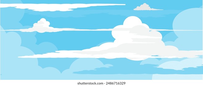 Sky with Clouds illustration in flat style. Sky and clouds background. Cloudy vector cartoon illustration in blue color. Nature abstract wallpaper.