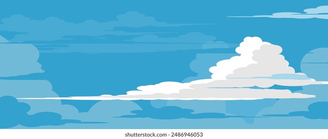 Sky with Clouds illustration in flat style. Sky and clouds background. Cloudy vector cartoon illustration in blue color. Nature abstract wallpaper.