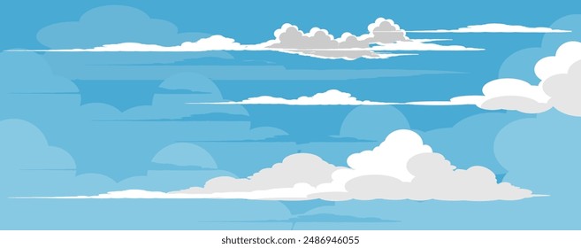 Sky with Clouds illustration in flat style. Sky and clouds background. Cloudy vector cartoon illustration in blue color. Nature abstract wallpaper.