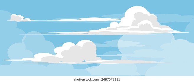 Sky with Clouds illustration in flat style. Sky and clouds background. Cloudy vector cartoon illustration in blue color. Nature abstract wallpaper.