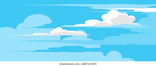 Sky with Clouds illustration in flat style. Sky and clouds background. Cloudy vector cartoon illustration in blue color. Nature abstract wallpaper.