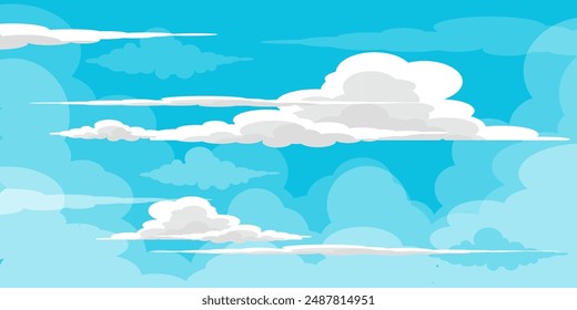 Sky with Clouds illustration in flat style. Sky and clouds background. Cloudy vector cartoon illustration in blue color. Nature abstract wallpaper.