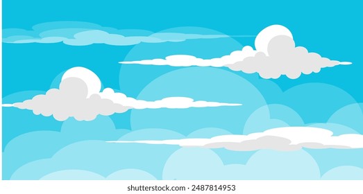 Sky with Clouds illustration in flat style. Sky and clouds background. Cloudy vector cartoon illustration in blue color. Nature abstract wallpaper.
