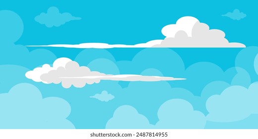 Sky with Clouds illustration in flat style. Sky and clouds background. Cloudy vector cartoon illustration in blue color. Nature abstract wallpaper.