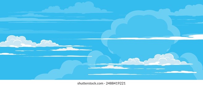 Sky with Clouds illustration in flat style. Sky and clouds background. Cloudy vector cartoon illustration in blue color. Nature abstract wallpaper.