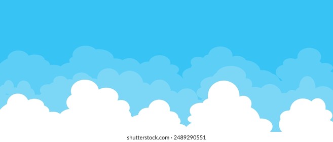 Sky with Clouds illustration in flat style. Sky and clouds background. Cloudy vector cartoon illustration in blue color. Nature abstract wallpaper.