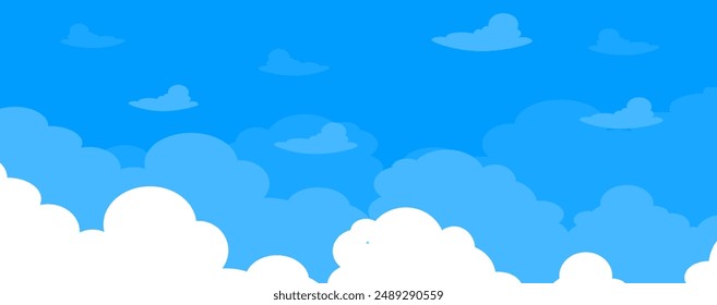 Sky with Clouds illustration in flat style. Sky and clouds background. Cloudy vector cartoon illustration in blue color. Nature abstract wallpaper.